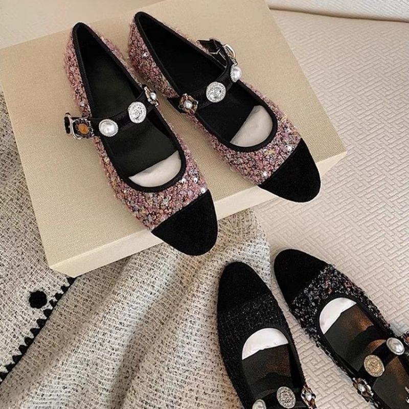 Fashion Spring New Flat Shoes Women's Fashion Round Head Splicing Sequin Cloth Metal Buckle Soft Sole Non-slip Shoes