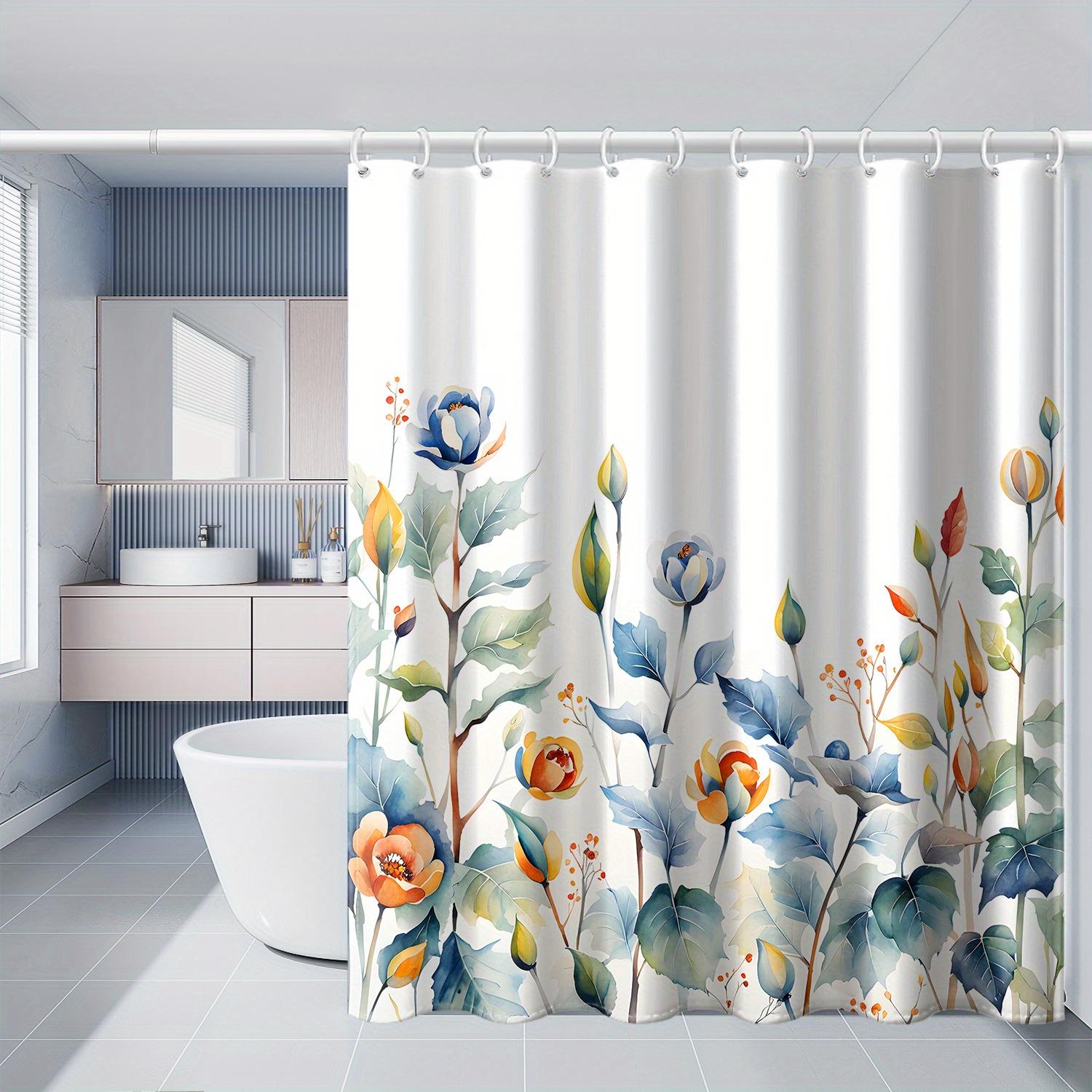 

1pc Watercolor floral and leaf striped autumn print shower curtain polyester fabric machine washable suitable for bathroom 100*130 Grommet Top 1pcs