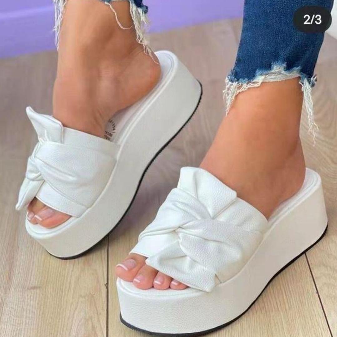 

Женские сандалии, повседневная обувь на толстой подошве, женские летние сандалии на танкетке с бантом, женские тапочки на платформе, большие размеры 35–43 37 белый