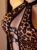 Women'S Sexy Leopard Print Teddy Bodysuit - Halter Neck Backless Lingerie With Heart Shining Diamond Erotic Babydoll