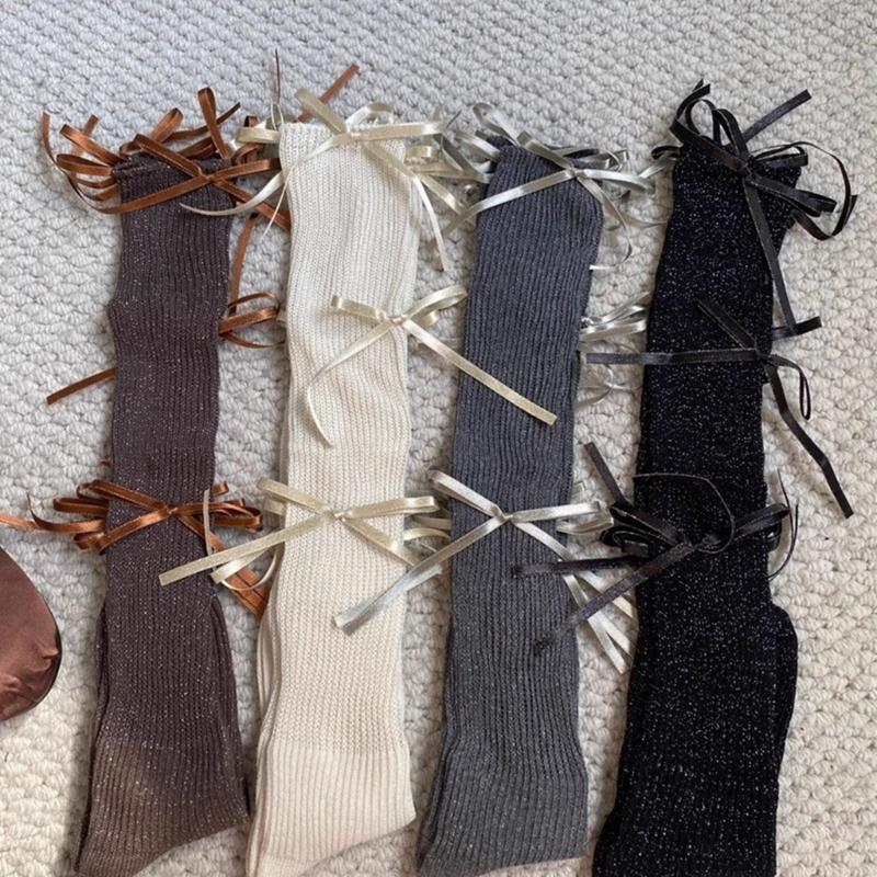 Japanese Style Shimmering Rib Knitted Middle Tube Calf Socks for Women Girls Cute Ribbon Bowknot Long Socks Stockings