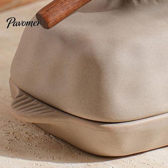 Minimalist Kitchen Decor Ceramic Butter Dish with Lid And Wooden Knife, Countertop Stoneware Container Tray, Keeper for Fridge Storage & Table Serving