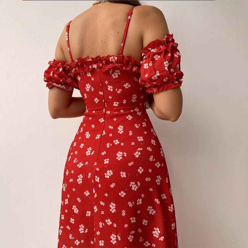2023 Women’s Off Shoulder Frilly Suspender Split Mid-length Dress Party Summer Ladies Short Sleeve V-neck Dress Floarl A-Line