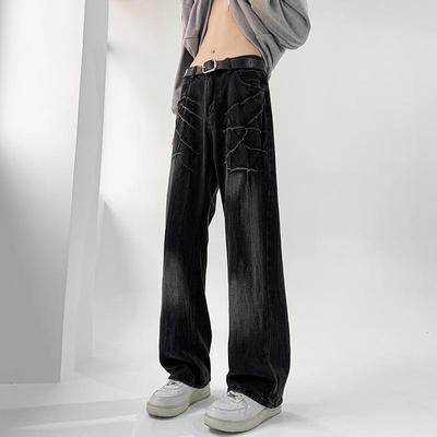 Spider-pattern Washed Cat Whisker Jeans Men's and Women's Autumn High Street Trend Loose Straight Wide-leg Pants