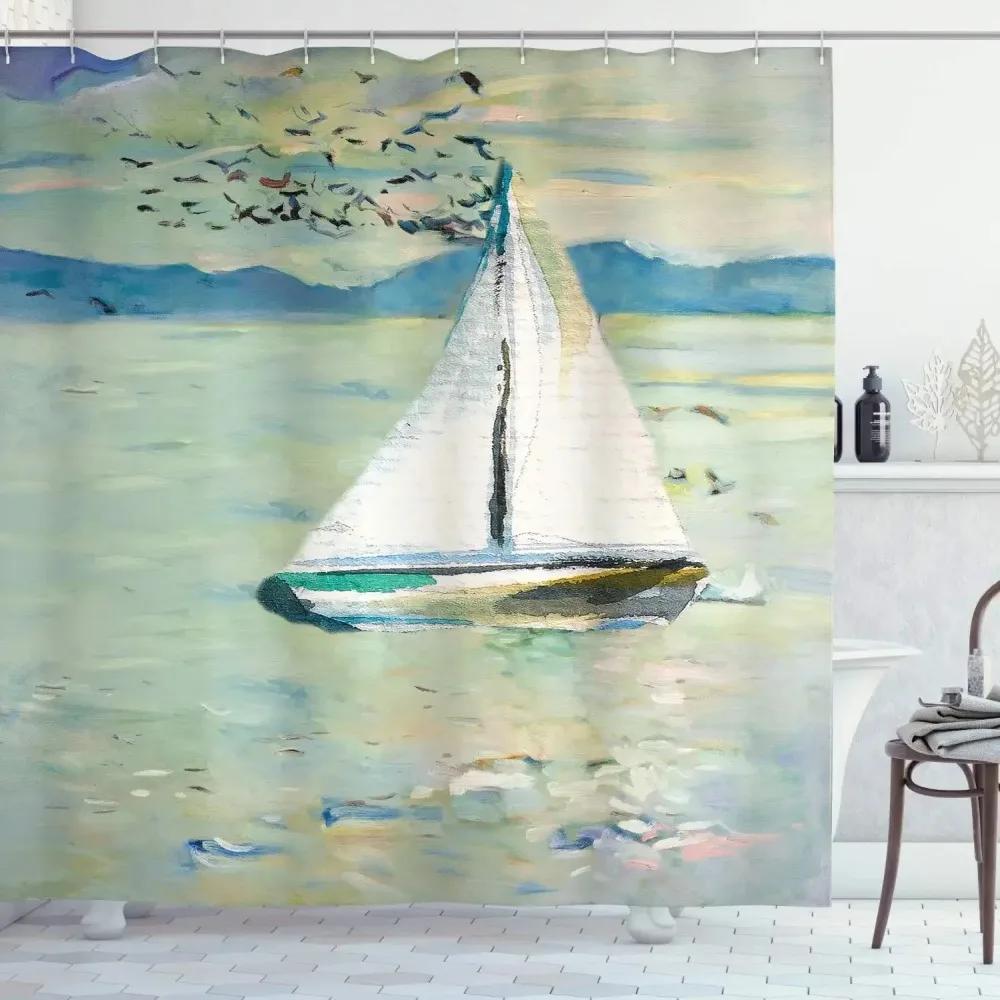 Nordische Wikinger Schiff Duschvorhang Fantasie Boot Kunst Schwarz Und Weiß Farbe Segel Drachen Schiff Vorhang Für Badezimmer Mit Haken