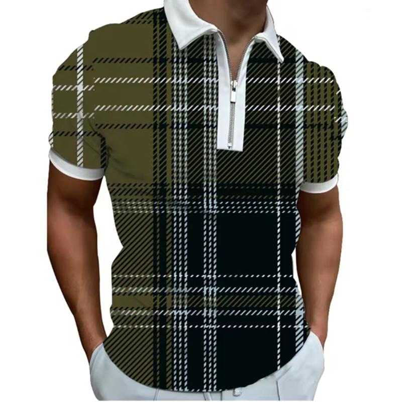 Men's Spring and Summer Short Sleeve Casual Polo Shirt Men's Fashion Personality Printed Zipper Lapel Polo T-shirt