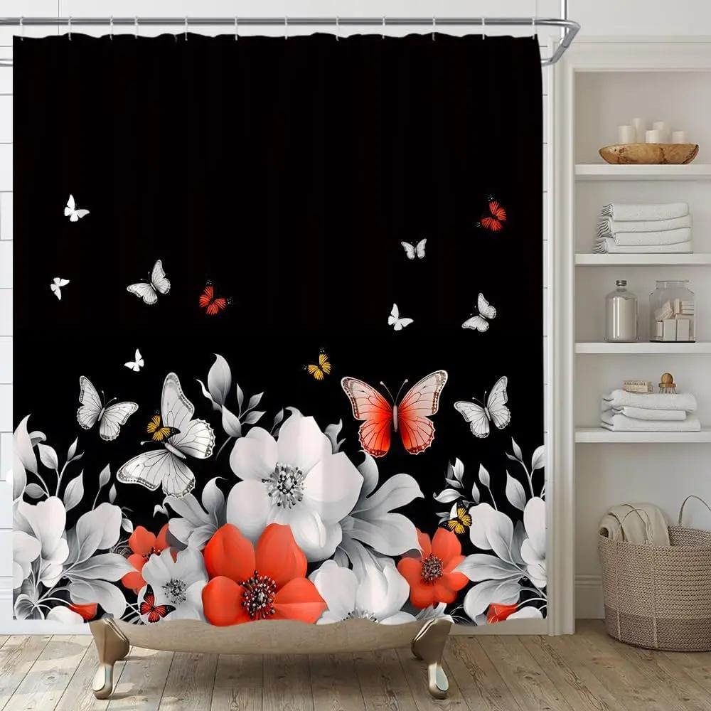 Pink Flower Butterfly Shower Curtain Natural Garden Landscape Home Fabric Bathroom Decoration Shower Curtain With Hook