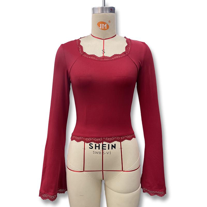 T-shirt da Donna 2025 Stile Europeo & Americano con Bordi in Pizzo, Manica Lunga, Autunnale, Snellente, alla Moda