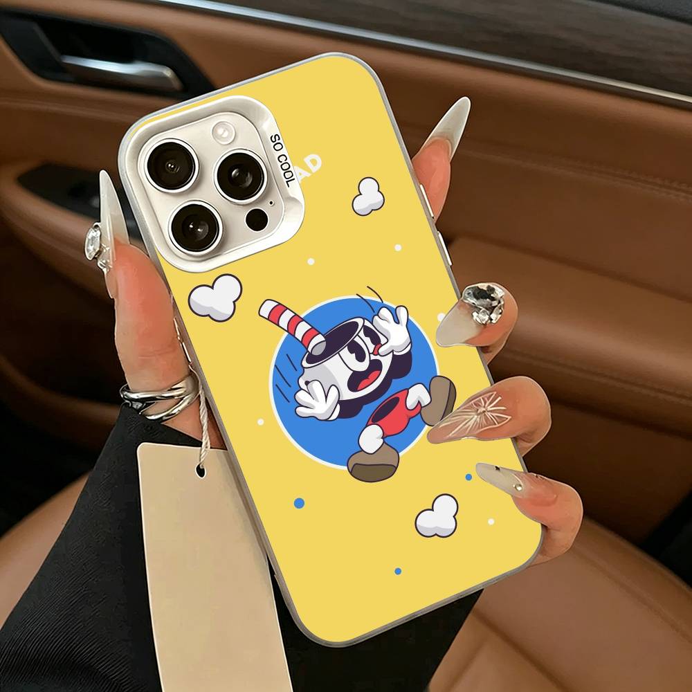 Cute CupHead And MugMan Phone Case For iPhone 11 12 13 14 15 16Pro Max Plus white silver  Phone Cover iPhone16E