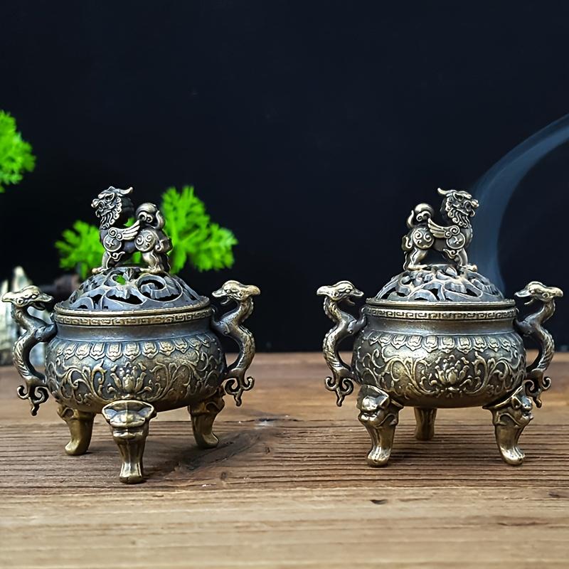 1 Stück Mini Drachen Qilin Dreibeiniger Räuchergefäß, Exquisite Doppeldrachenschnitzerei mit Qilin-Deckel oben (Ohne Weihrauch)