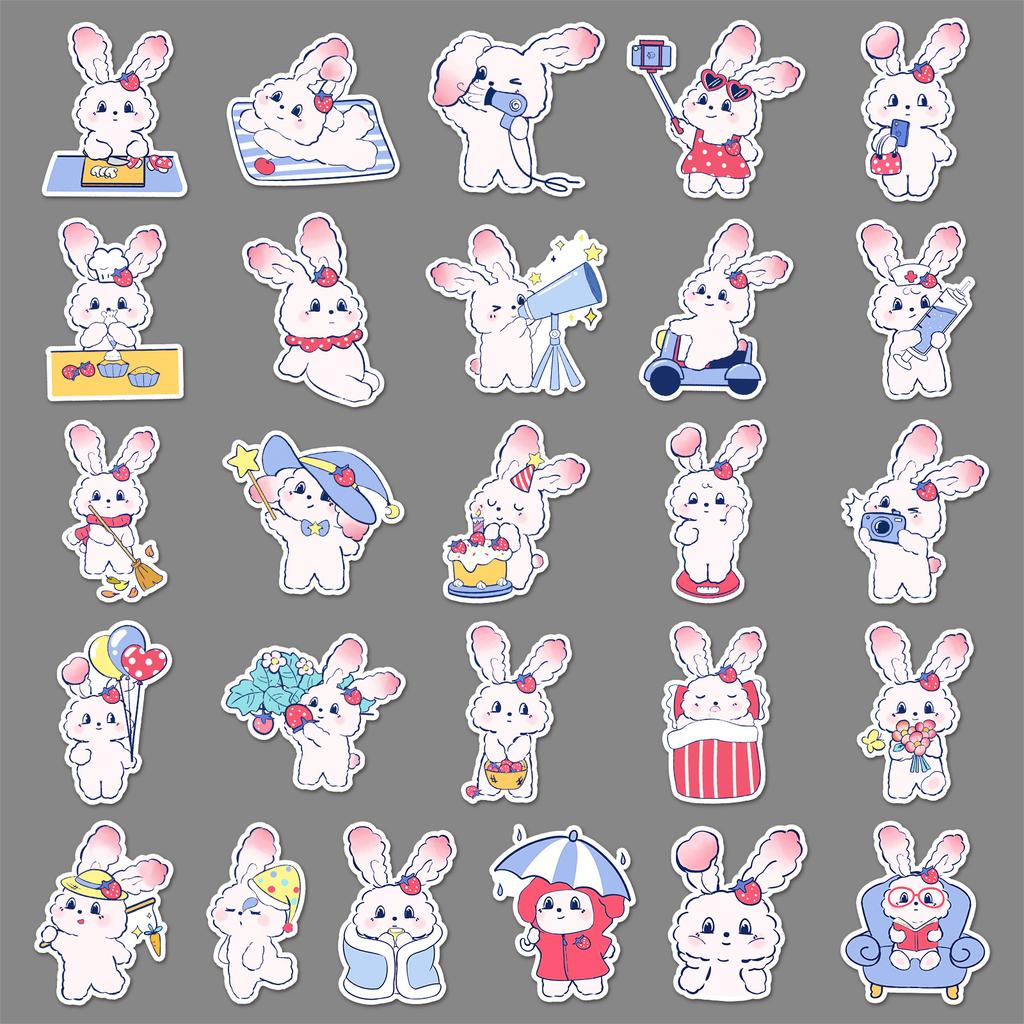 51 Erdbeer-Kaninchen Doodle Aufkleber Cartoon Niedlich Handgemalt Gummi Karte Dekorativ Handyhülle Wasserbecher Handkonto Aufkleber