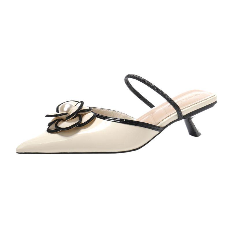 Baotou sandals women's summer 2025 new French pearl flowers pointed thin heels empty slippers are not tired of high heels