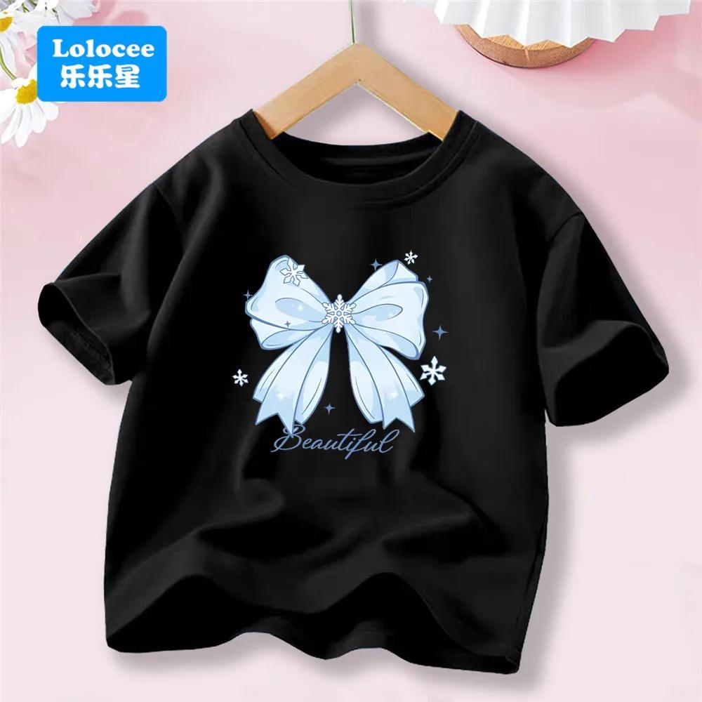 Girls' New Summer Korean Style Short Sleeve T-shirt Trendy Cute Bowknot Tee for Girls, Sweet Top for Toddlers and Young Girls