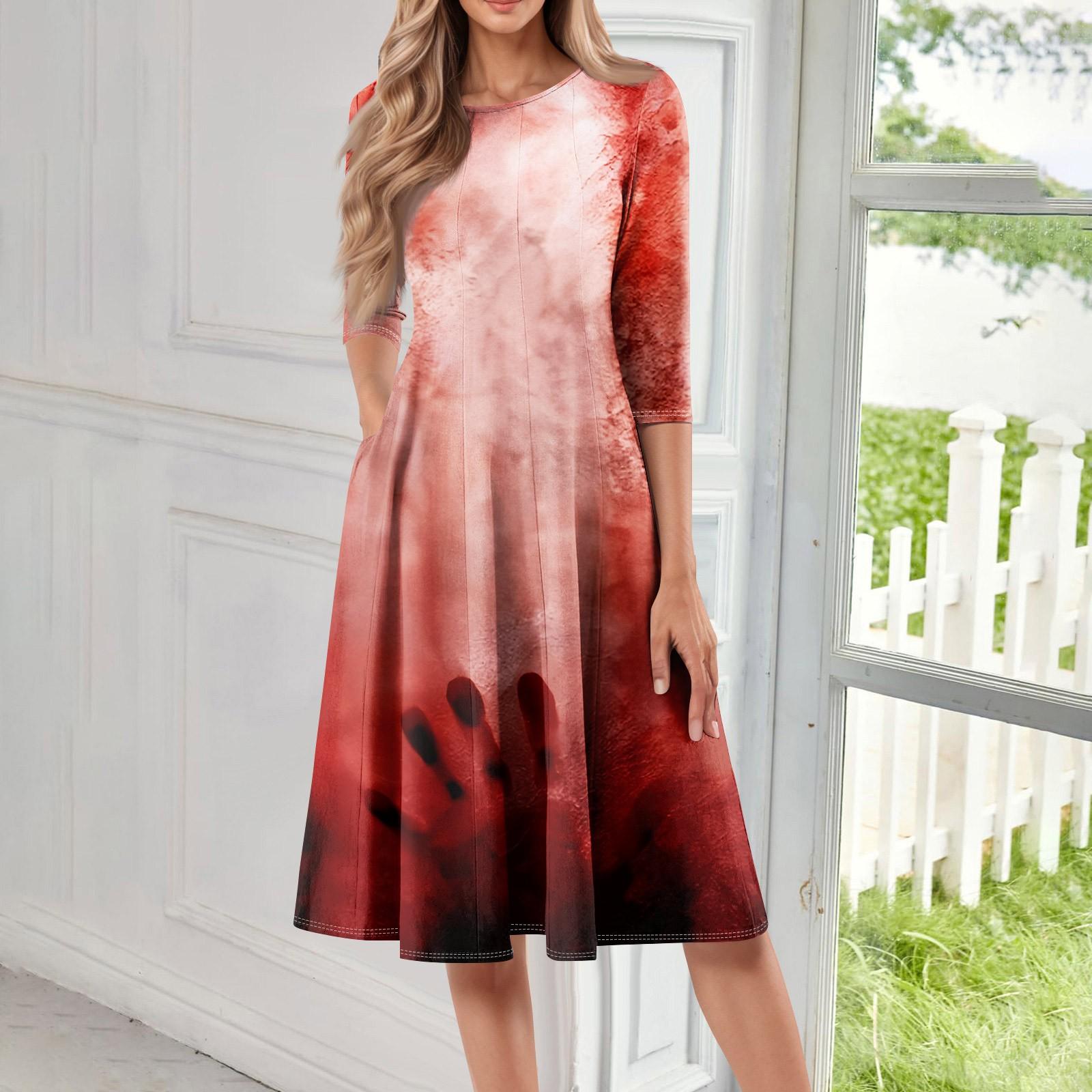 

Женское повседневное модное миди-платье с круглым вырезом, рукавом три четверти и принтом на Хэллоуин M винный