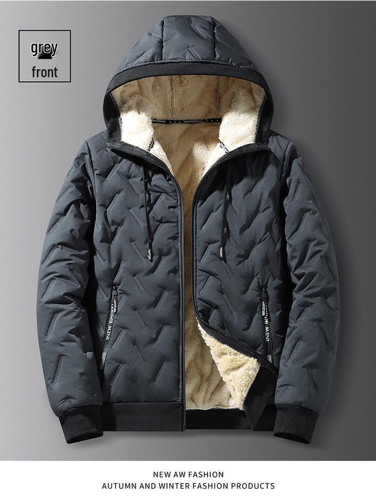 Men's Warm Hooded Ultrasonic Lambswool Coat & Plus Velvet Cotton Pants Set for Winter Cold Protection
