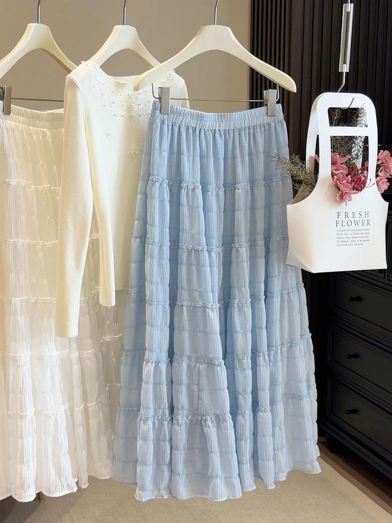 2026 Spring/Summer High-Waisted Slimming A-Line Pleated Skirt for Women - Gentle Sweet Cake Style, Hip-Covering and Long Length.