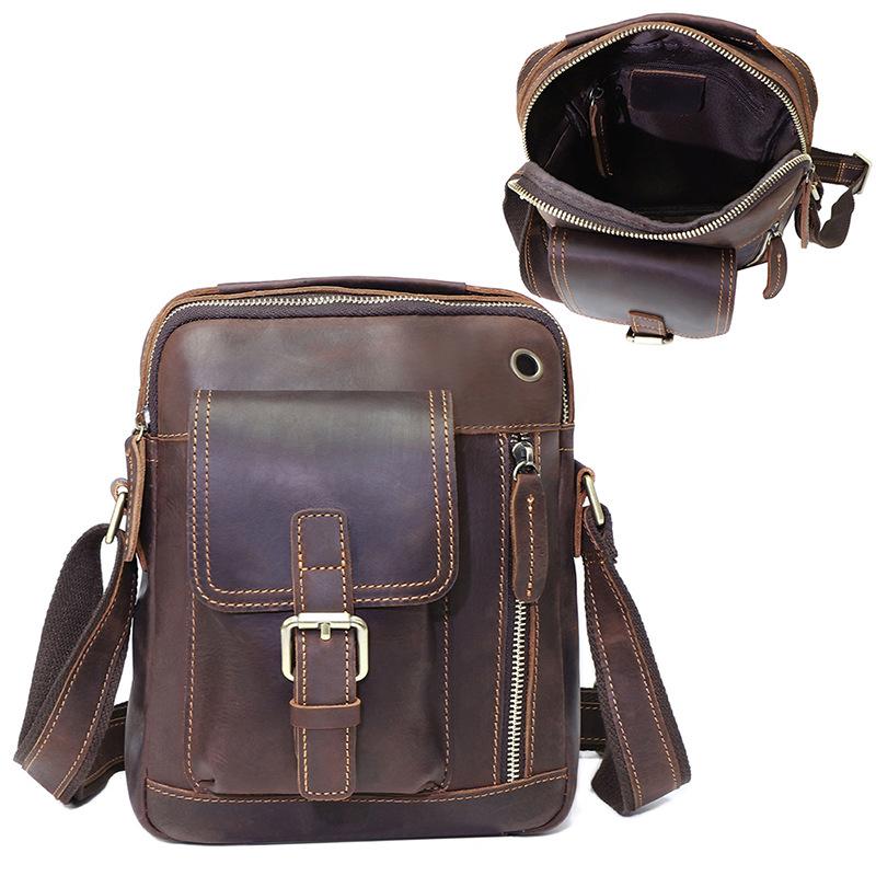 

The First Layer Of Cowhide Men S Messenger Bag, Multi-Functional Leather Mobile Phone Bag, Large-Capacity Crazy Horse Leather Portable Shoulder Bag. 20*6*25cm