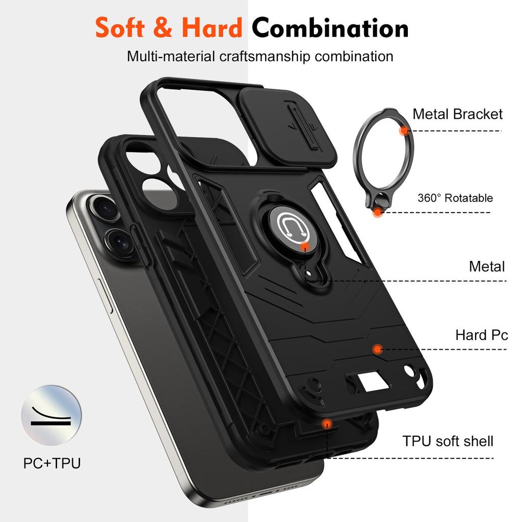 Armor Case for iPhone 15 16 Pro Max Plus/ 16E/ 14/ 13/ 12/ 11/ XS/ XR/ X with 360° Magnetic Metal Ring Holder,Sliding Camera Cover & Anti-Scratch Back