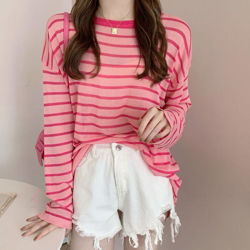 

Футболки в тонкую полоску для девочек «Ленивый ветер», свободные пуловеры, солнцезащитные рубашки, весна-лето, вязаный свитер с нижней частью, топы, уличная одежда, футболки One Size розы красного