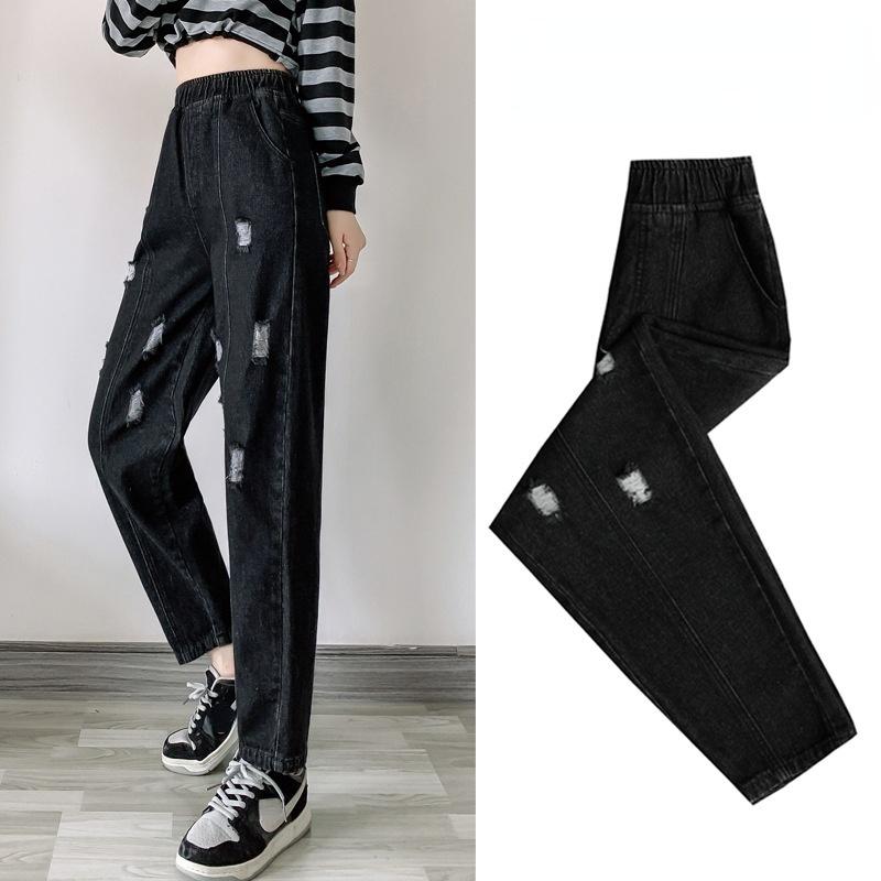 

Осенние брюки-шаровары с высокой талией, джинсы, женские свободные джинсовые брюки с эластичной талией и карманами, женские длинные брюки больших размеров 6XL чёрный