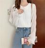 [SYitong] Shirt Blouse, Gathered Shirring Long Sleeve Chiffon Blouse, Lined, Sheer Sleeves, Lightweight Look, Frilled Shirt, Slimming Effect, Figure-F