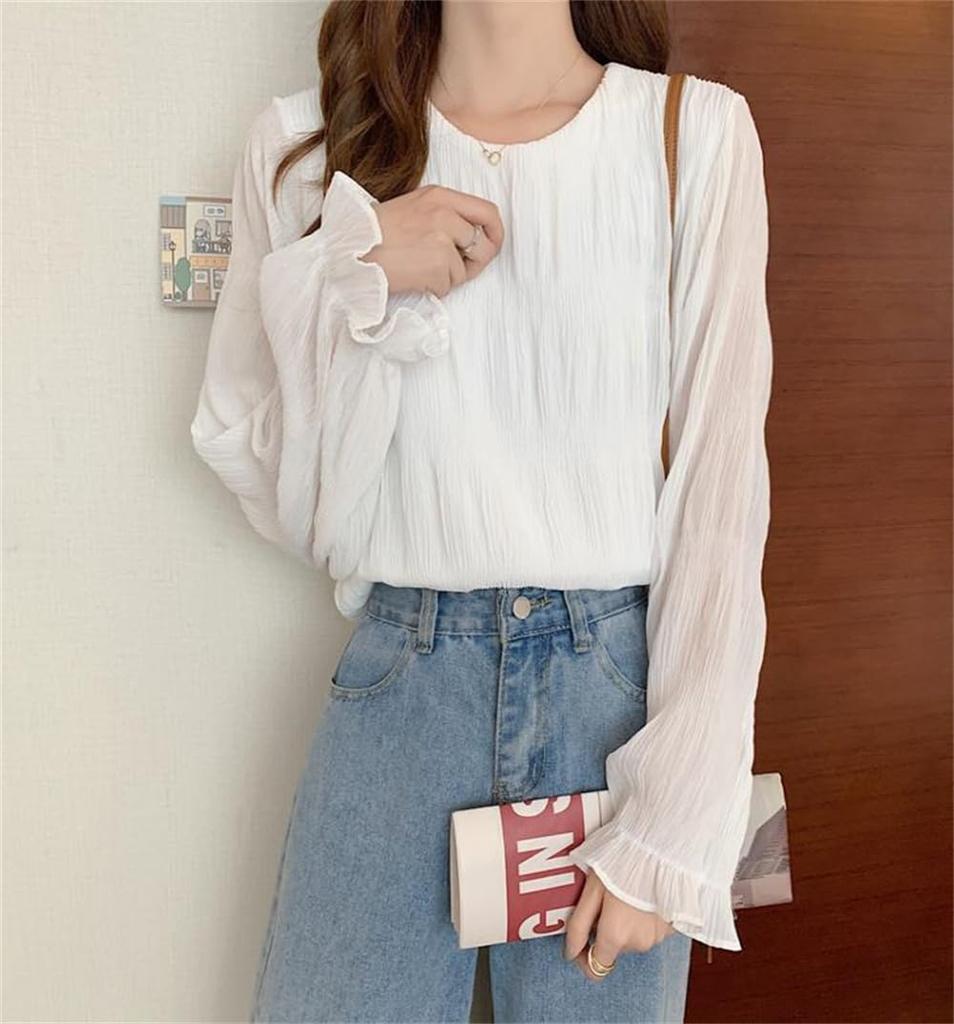 [SYitong] Shirt Blouse, Gathered Shirring Long Sleeve Chiffon Blouse, Lined, Sheer Sleeves, Lightweight Look, Frilled Shirt, Slimming Effect, Figure-F