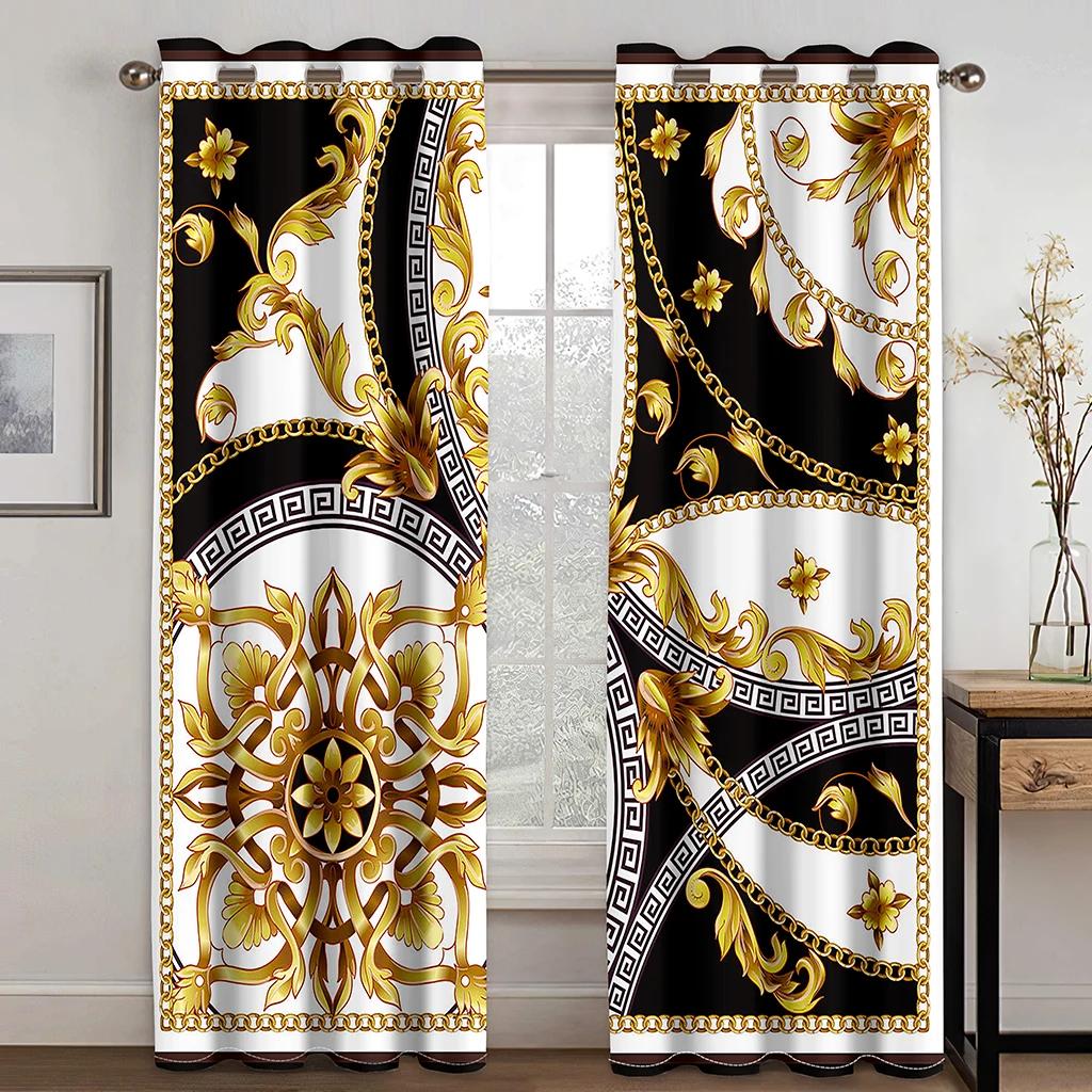 Luxurious Golden Geometric Curtains 2 Panel Grommet Top for Bedroom Living Room Kitchen Floor Window Drapes