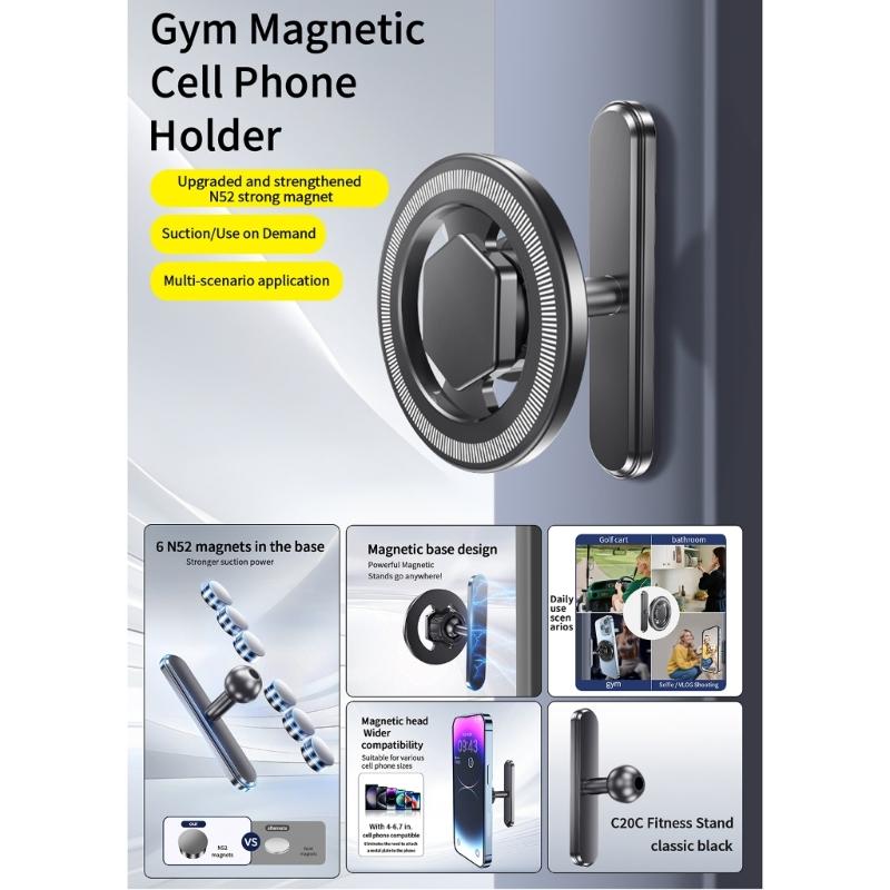 Magnetic Base Phone Mount Bracket Universal for Most Mobile Phone Rotating Aluminum Stand Holder for GYM Metal Surfaces