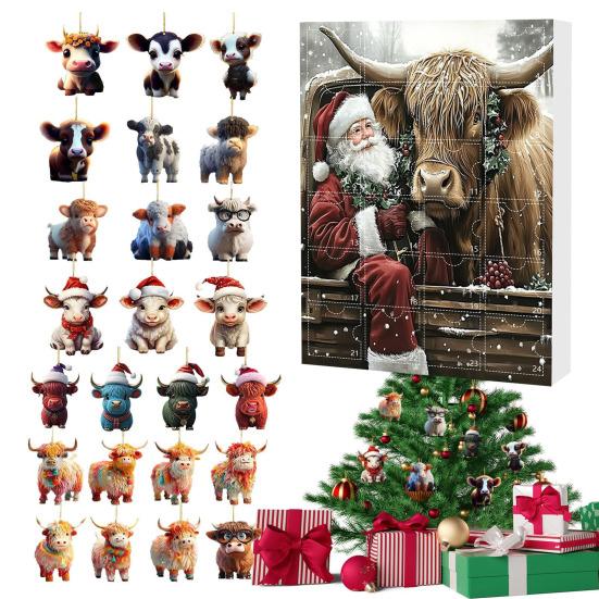 Highland Cow Ornaments Advent Calendar 2025 24 Days Christmas Countdown Calendar with Cartoon Cows Ornament for Xmas Tree Decor