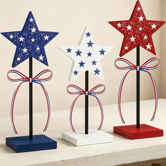 3 Pcs 4th of July Wooden Star Signs, Red White Blue Glitter Patriotic Star Table Centerpiece for Independence Day, Tiered Tray, Tabletop Decor