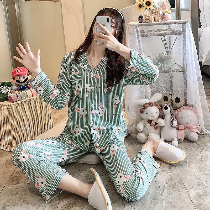 Spring and autumn thin long-sleeved pajamas women's Internet celebrity style cute rabbit cardigan loungewear loose two-piece suit women