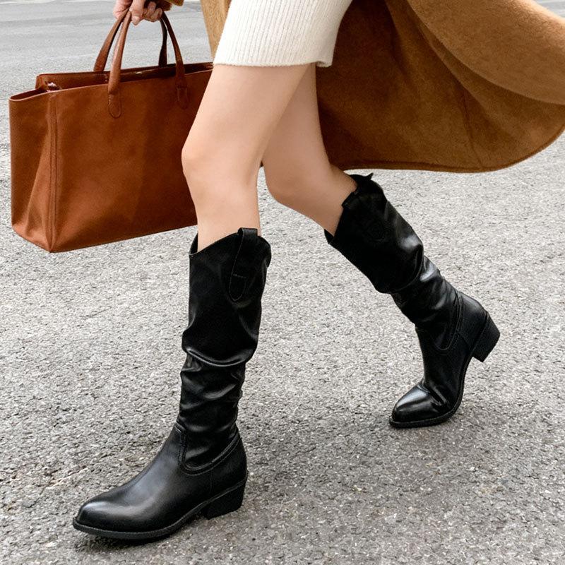 Brown V-mouth boots women's autumn and winter new thick heel suede tall knight boots western pile boots
