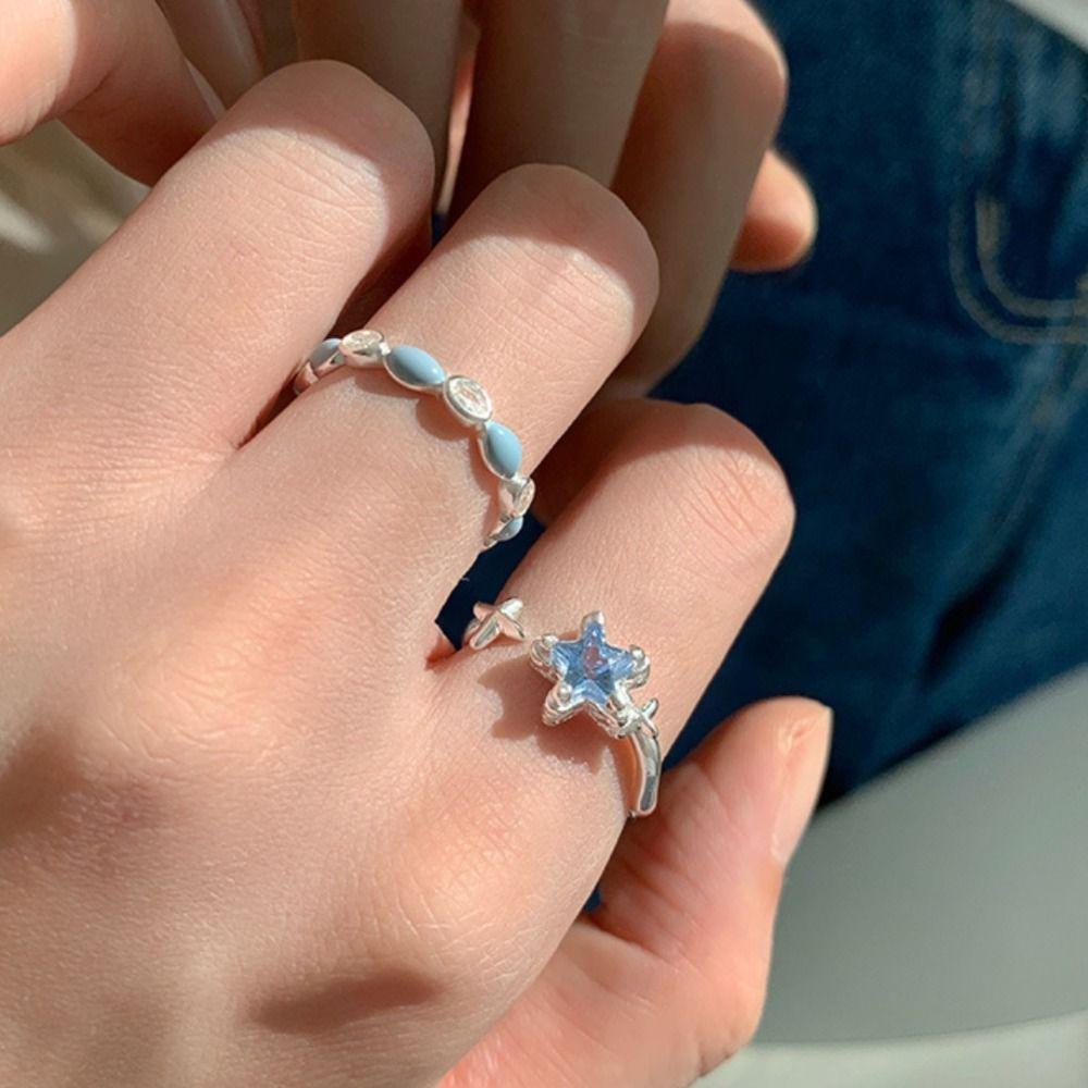 Süße und Coole Blaue Blumenringe Geometrische Feine Verstellbare Silberringe Party Geburtstagsgeschenk Damenschmuck Wassertropfen Offener Ring
