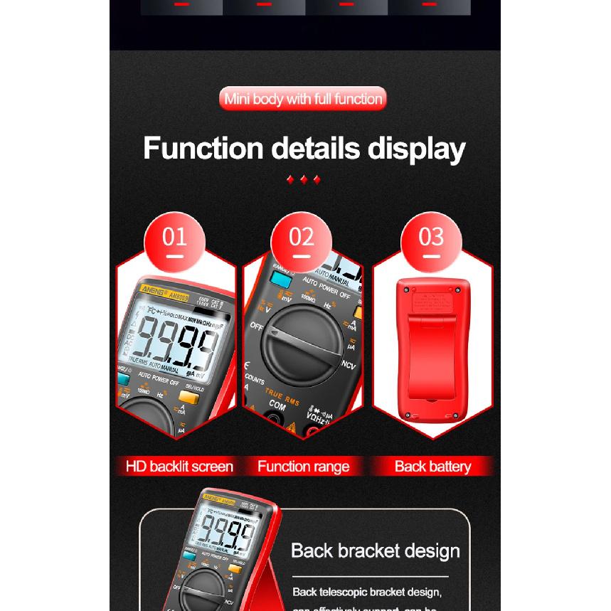 Mini Digital Multimeter ANENG AN8009 True RMS Transistor Tester Auto-Range Automotive Capacitor Tester Temp Diode Tool