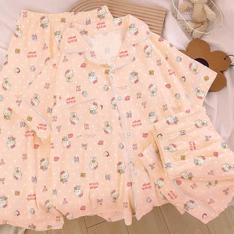 Pyjama mignon pour fille Printemps et Été Pyjama d'été pour femme Coton Nuage Manches Courtes Ensemble Trois Pièces Vêtement d'intérieur