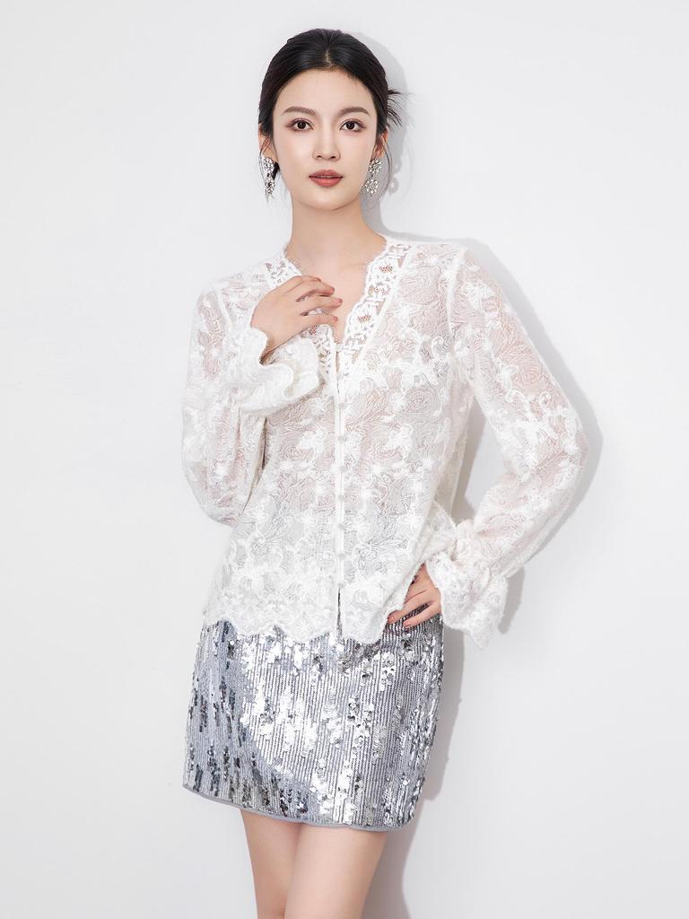 Women's V-Neck Lace Top with 3D Embroidery Design