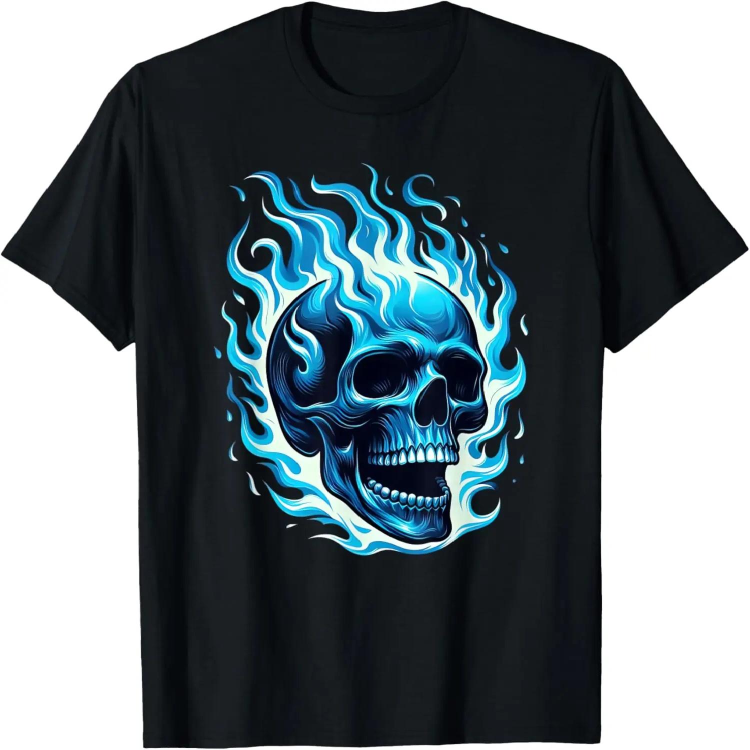 Flaming Blue Skull Cool Fun Graphic T-Shirt S