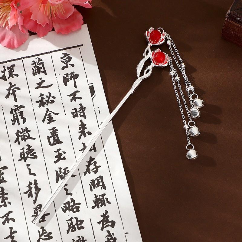 New Chinese Flower Bell Hairpin, Fringed Step Shake, National Style Hanfu Horse Dress, Hairpin, Ancient Style Disc Hair, Hairpin Headdress
