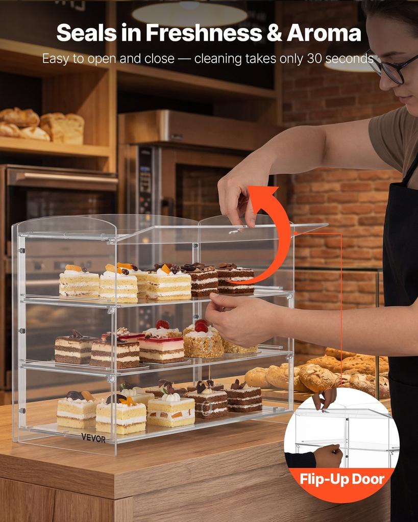 Bakery Display Case, 3-Tier Commercial Countertop Pastry Display Case, Clear Acrylic Bread Box for Kitchen, Party Cake Cabinet with Flip-Up Door for