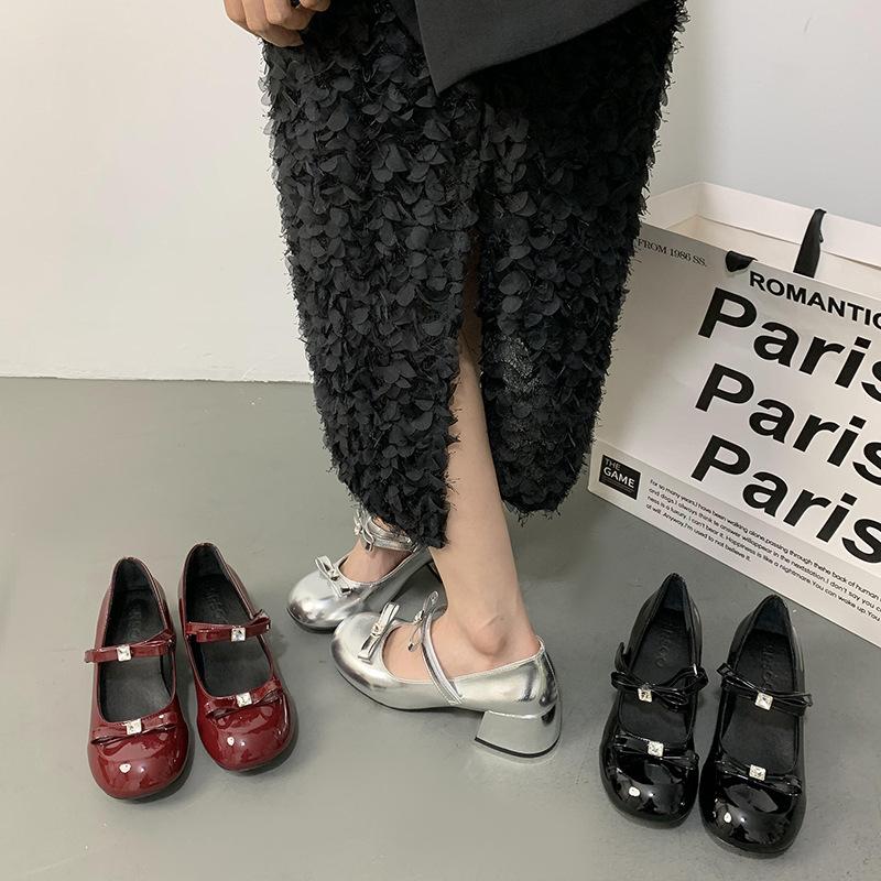 Silver light mouth ballet style high-heeled single shoes women's 2025 new summer skirt French round head Mary Jane shoes