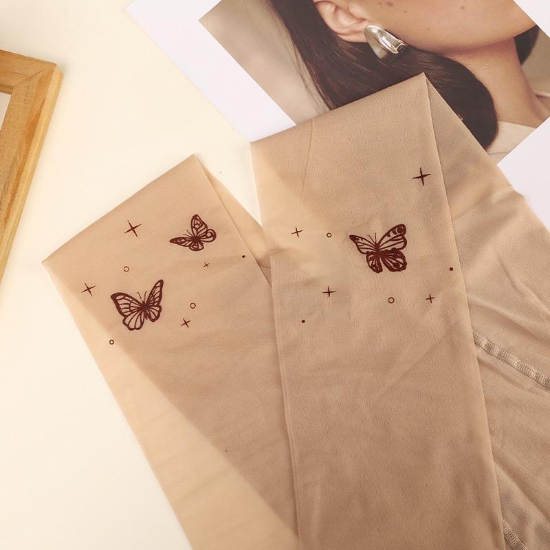Sexy Women Complxion Tights Vintage Y2K Butterfly Print Transparent Silk Pantyhose Girls Lolita Summer Thin Thight High Stocking