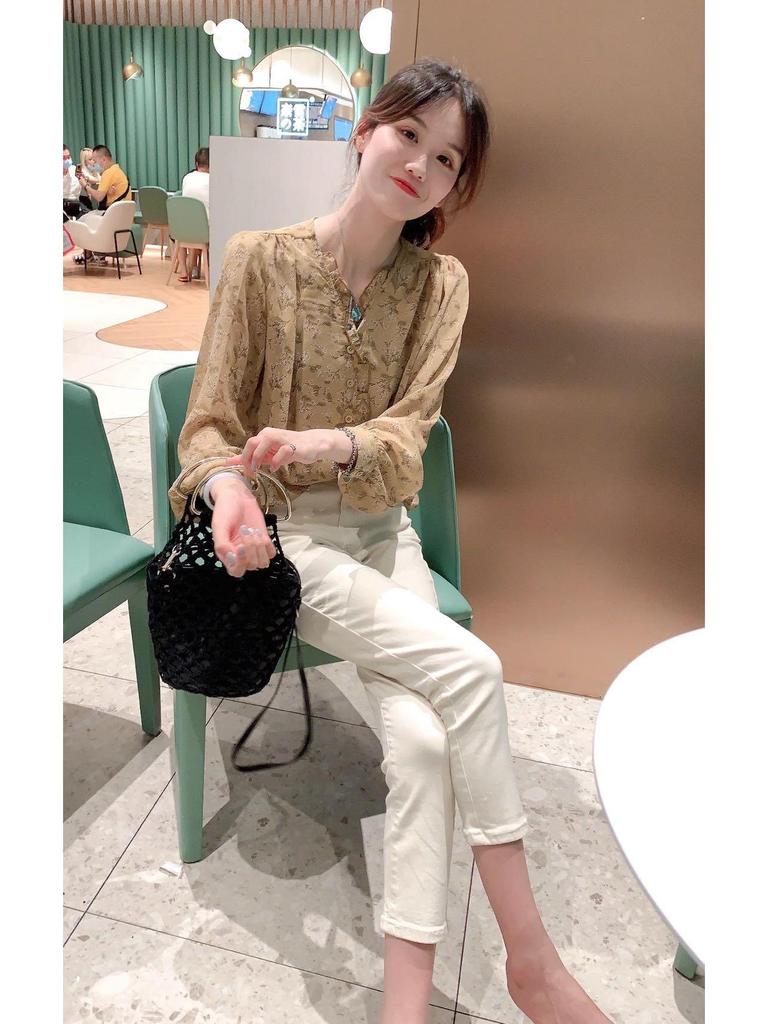 Spring/Autumn 2025 Korean Floral Chiffon Bubble Sleeve Blouse - Women's Long Sleeve Elegant Top