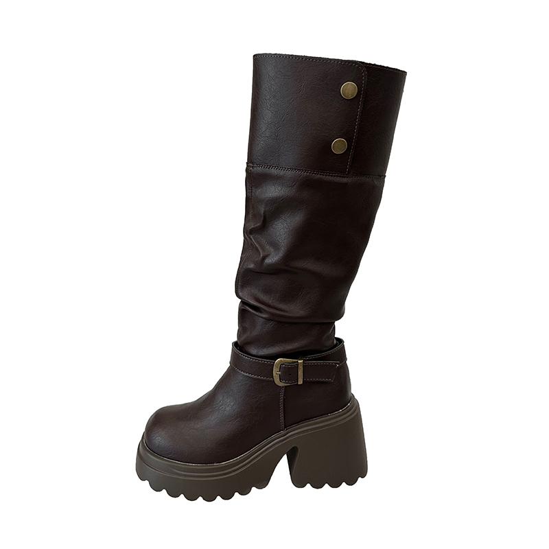 Fashion Winter Punk Style Woman Platform Knight Boots Fashion Belt Buckle Shoes Ladies Concise Height Increase Long Booties