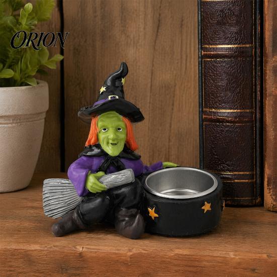 Handcrafted Resin Witch Figurine Halloween Skull Candle Holder, Spooky Star Cup Tealight Stand Candlestick Holder with Metal Heatproof Liner,