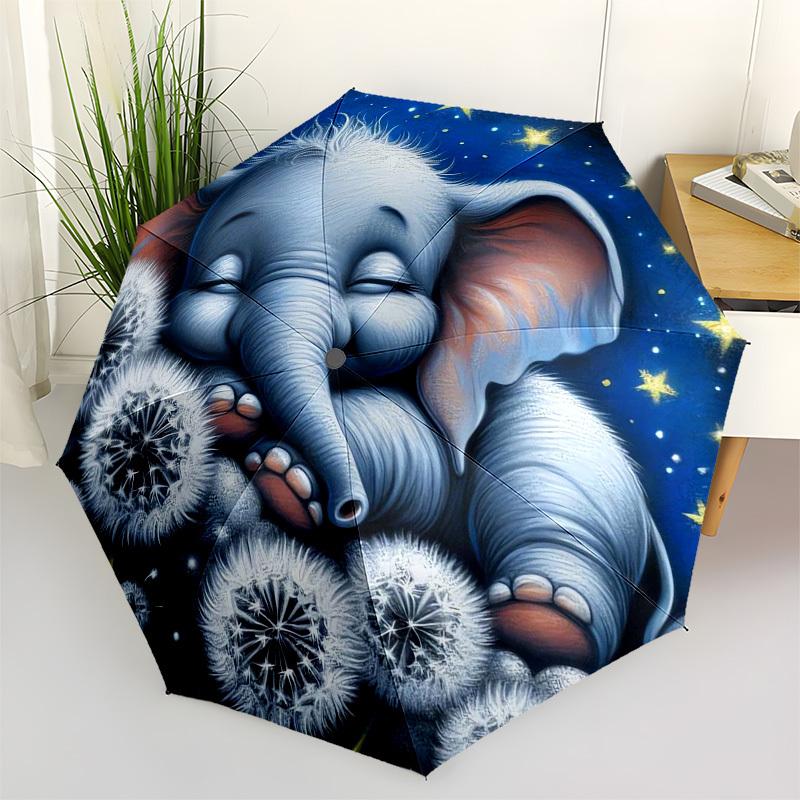 

1pc Sleeping Elephant Dandelions Night Sky Umbrella with Plastic Handle,Vibrant Cartoon Pattern,Multi-functional UmbrellaPT151