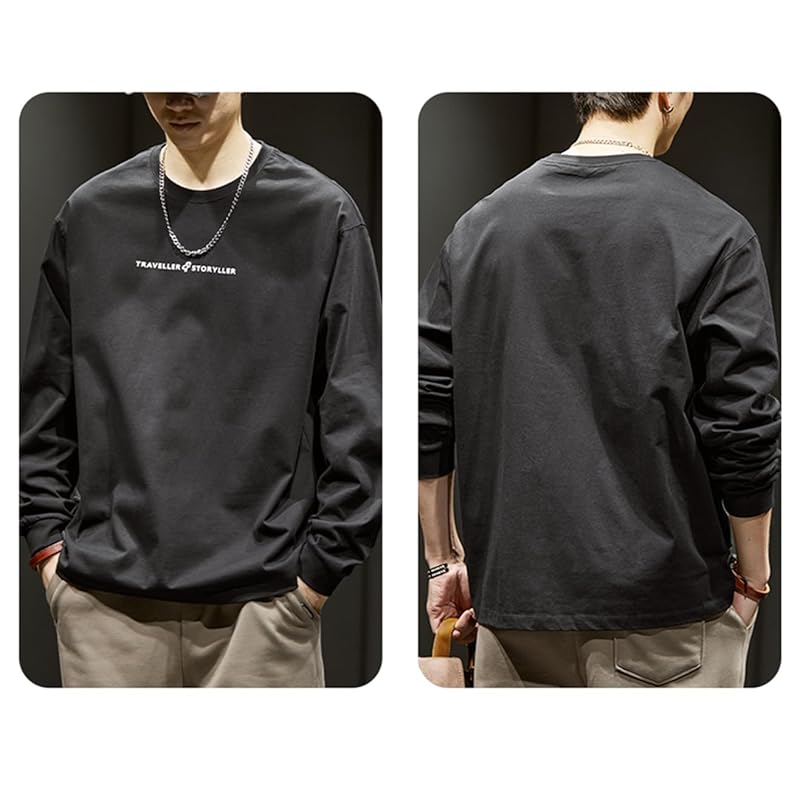 [EASTEMPO] t-shirt men's spring long sleeve Fashionable cotton Plain color casual Relaxing large size (JP, alphabet, XL, black)