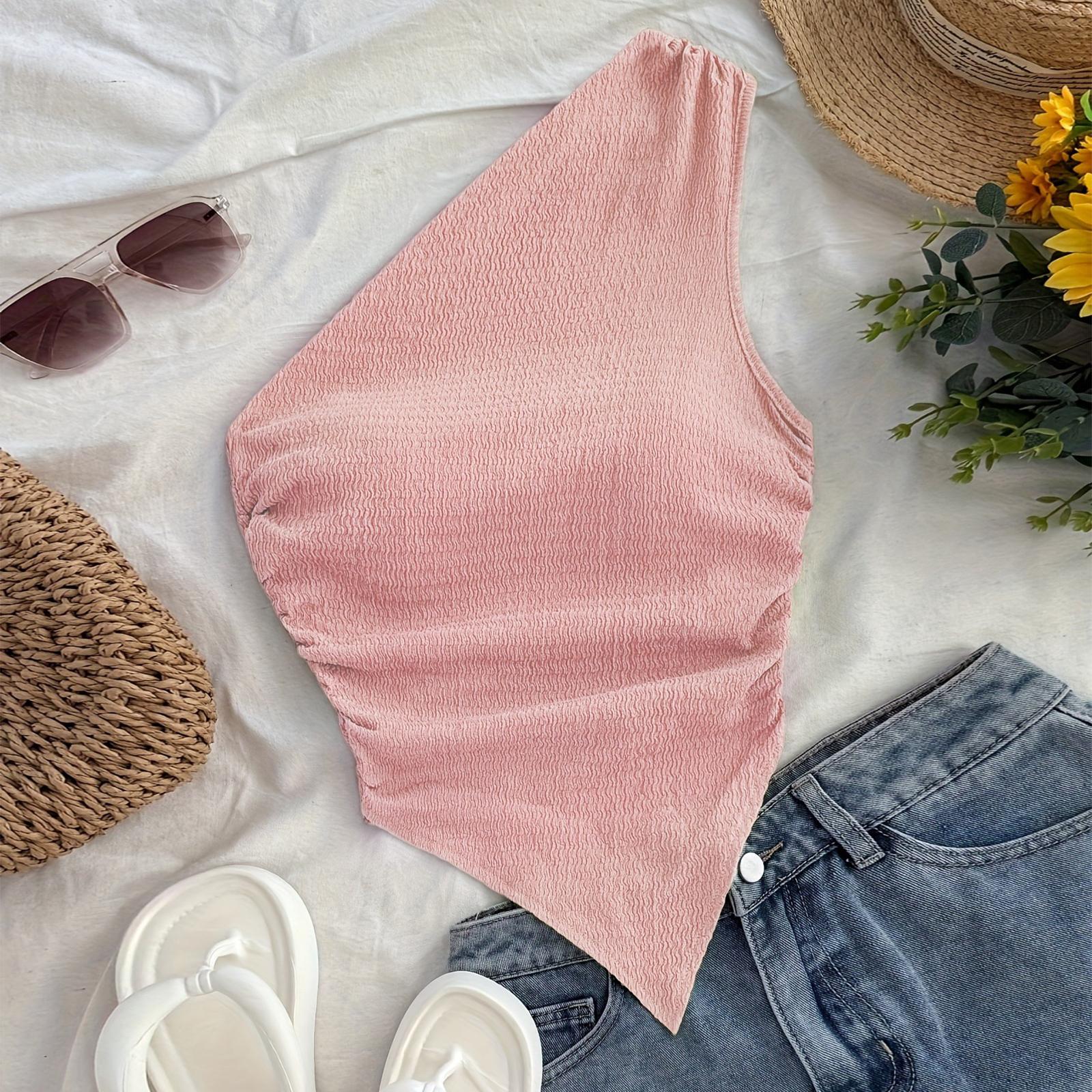 

Women Sleeveless One Shoulder Top Asymmetric Hem Casual Stretchy Slim Fit Summer Blouse M рожевий