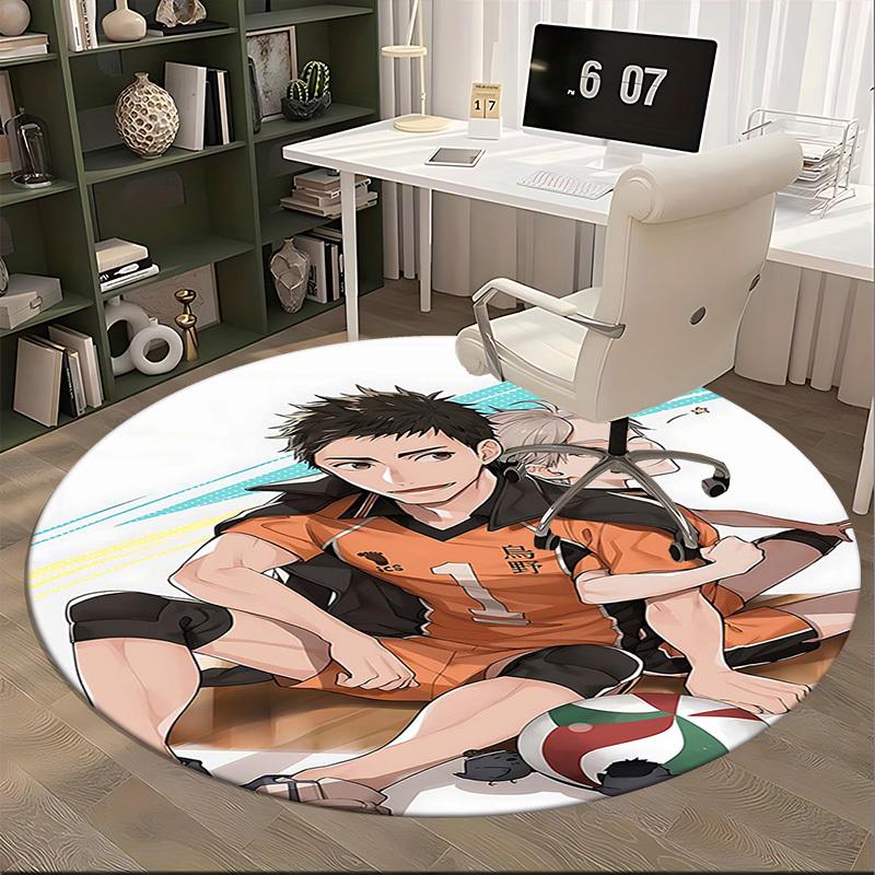1pc Haikyuu!! Kageyama Tobio & Hinata Shoyo Anime Cartoon Design Round Carpet Office Chair Mat, NonSlip Rug for Home Decor, Living Room