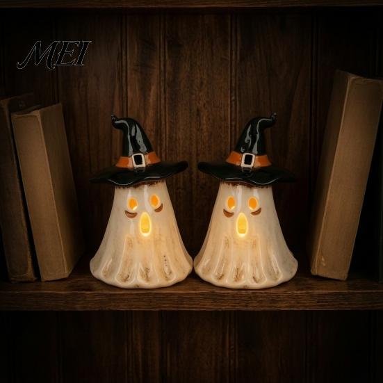 Holiday Atmospheric Night Lights Witch Hat Ghost Tealight Candle Holder, Vintage Resin Halloween Tabletop Decor Style Crafts with Warm Glow