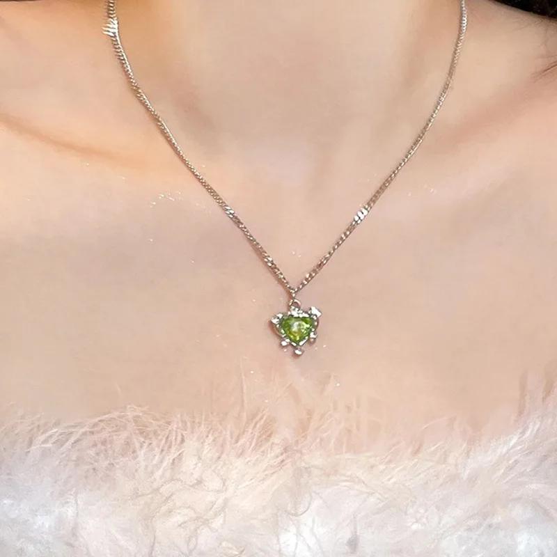 New Green Crystal Love Double Layer Necklace For Women Fashionable Personalized Daily Accessory Party Jewelry Birthday Gifts